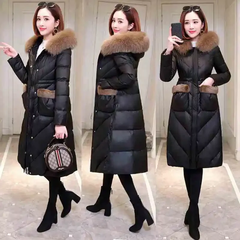 Winter New Women\'s Down Jacket Fashion Hooded True Fur Collar Slim Black Thickened White Duck Down Jacket Parkas