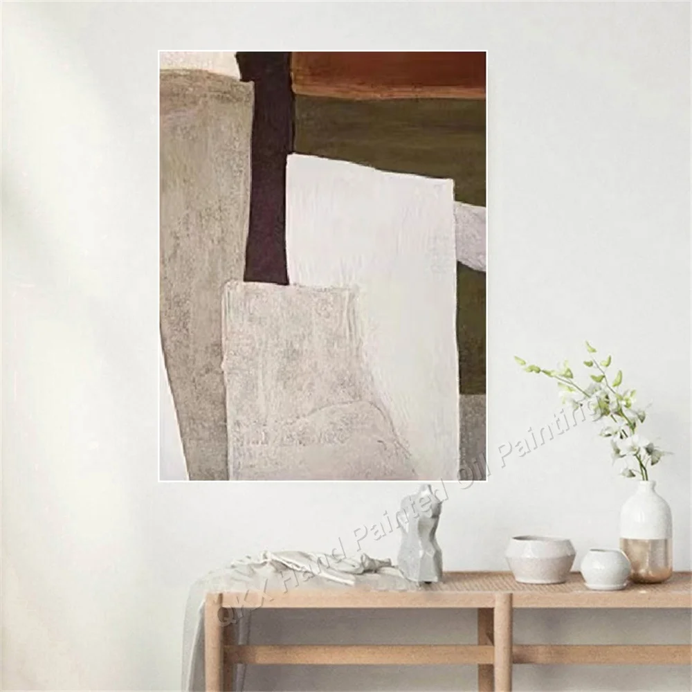 Hand-Painted Oil Painting on Canvas Wall Art Decor for Living Room, Bohemian Earth Tone Geometric Abstract Vertical Canvas Art