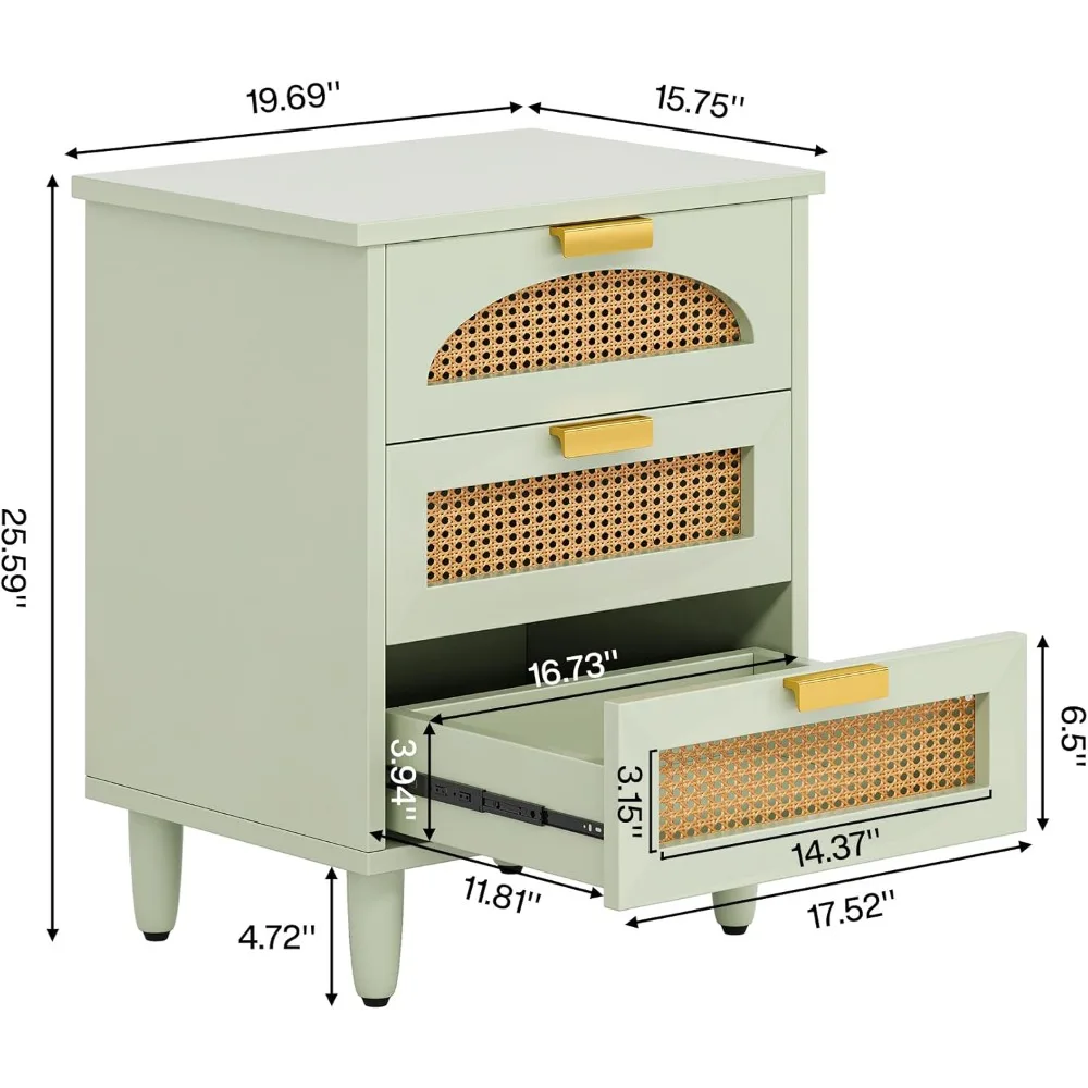 Mint Green Nightstand, 3-Drawer Rattan Night Stand Side Table, Accent Bedside Tables End Table for Bedroom and Small Spaces