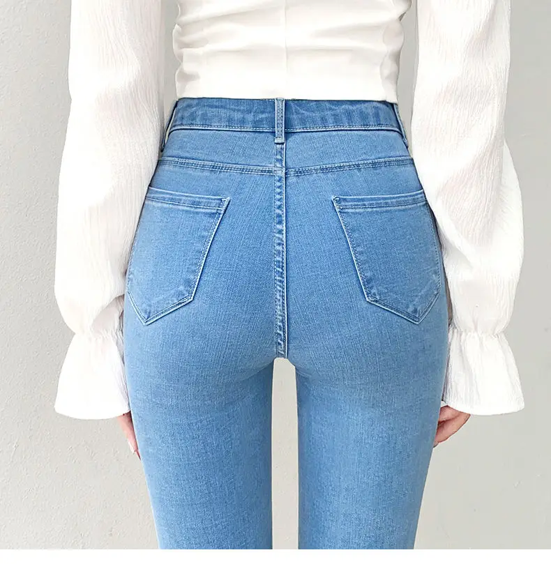 Unisex plus Size Denim Jeans High Waist Slim Fit Nine Points Small Foot High Elasticity Pencil Pants Spring Autumn Wear