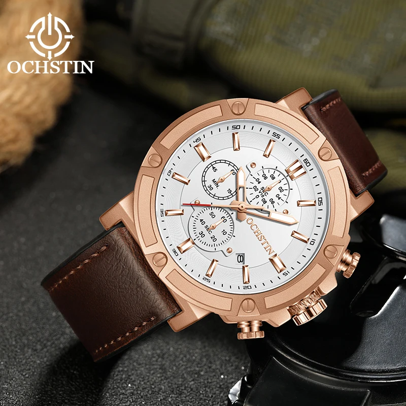 OCHSTIN Male Genuine Leather Strap Multi-Function Quartz Watch Man Pilot Series Scratch-Resistant Mineral Hardened Glass Wrist