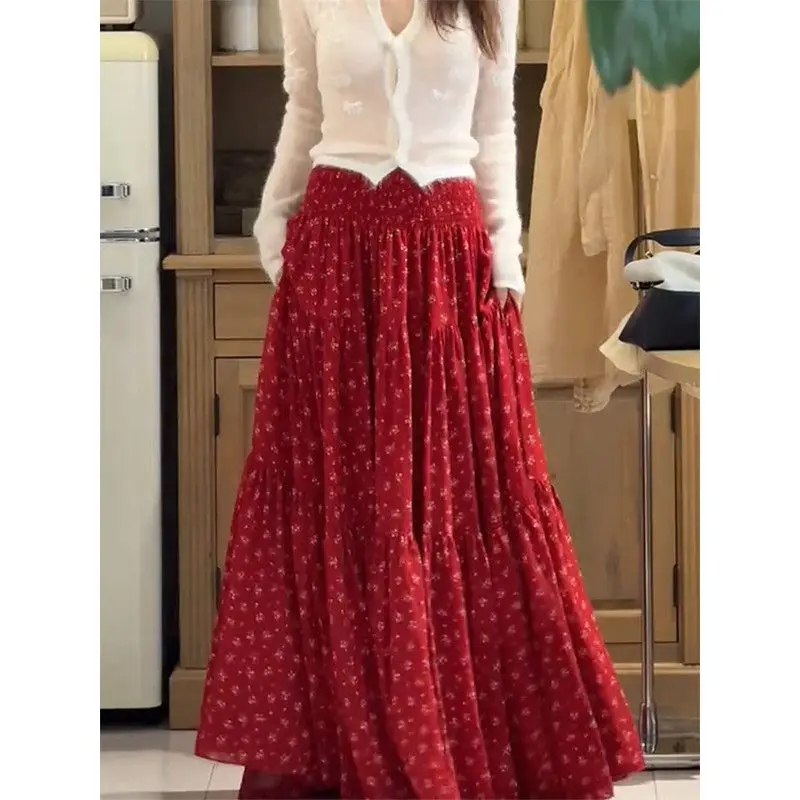 2026 Versatile Skinny Retro Waist Skirt Red Floral High Waist Hip Cover Slim Cake Skirt Long Dress Women