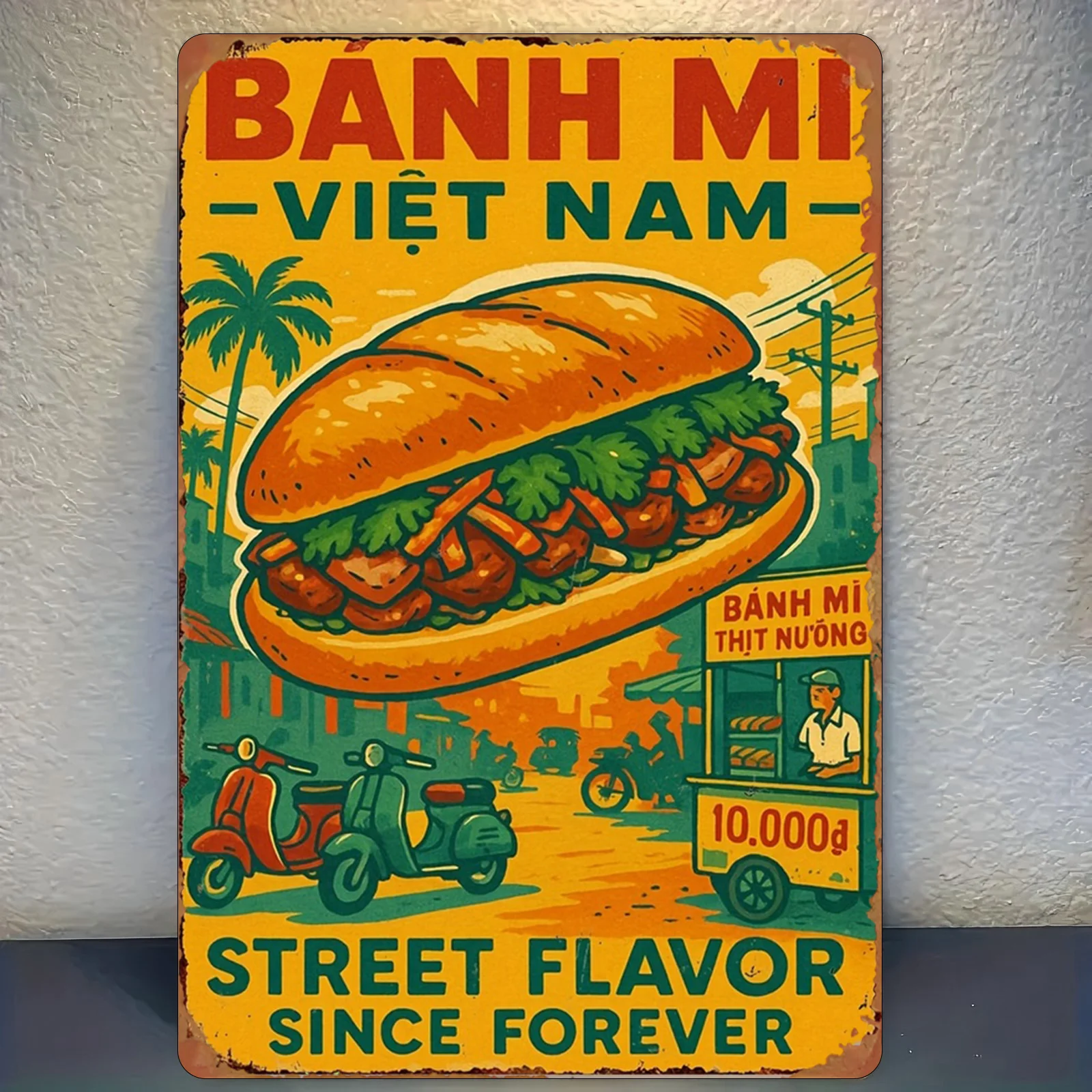 2D Flat - 2D Plane - Metal Wall Art Sign, Showcasing Vietnamese Street Food, Including Banh Mi And Pho, Designed Specifically fo