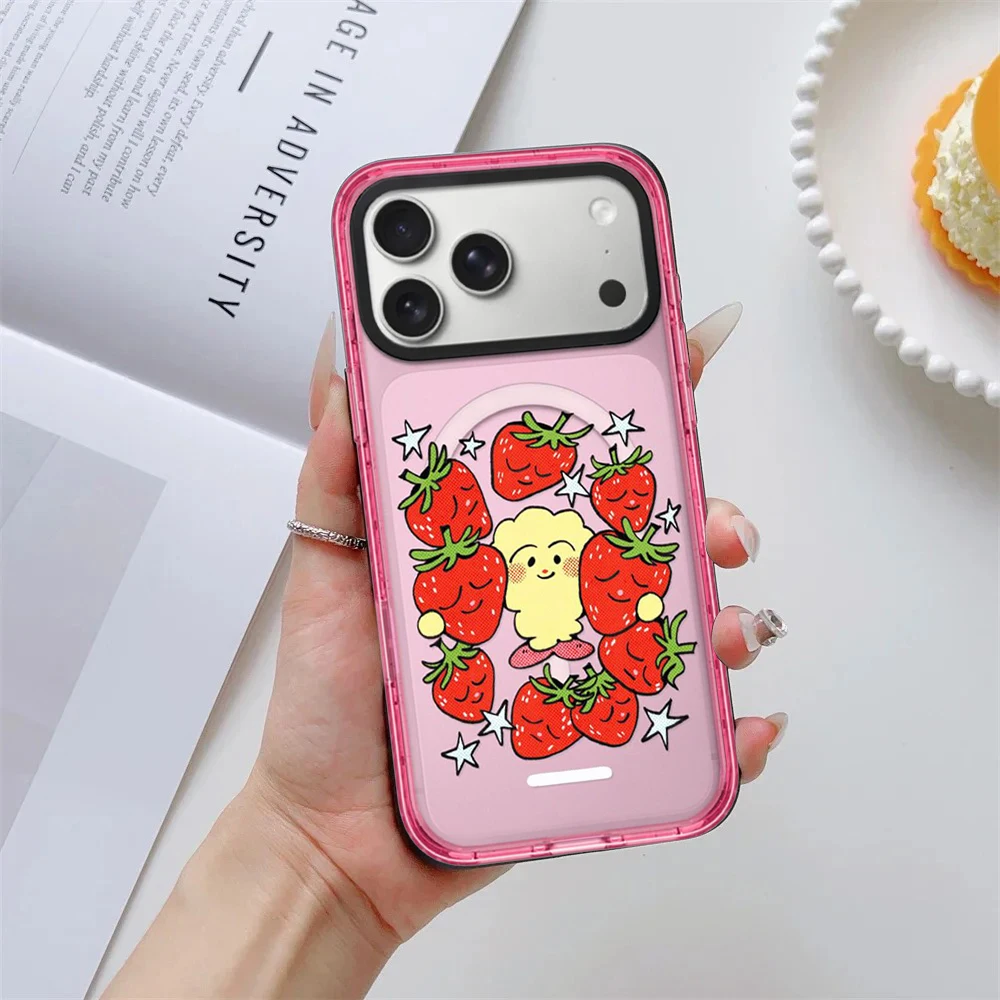 Cartoon Strawberry Doll Pink Border Magnetic Phone Case Cover for IPhone 13 14 15 16 17 Pro Max Case for IPhone Air