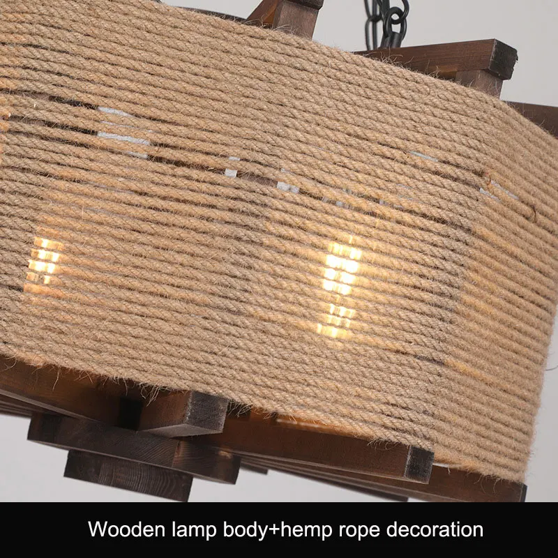 Vintage Industrial Style Hemp Rope Chandelier American Style Rural Coffee Restaurant Bar Creative Personality Solid Wood Lamp