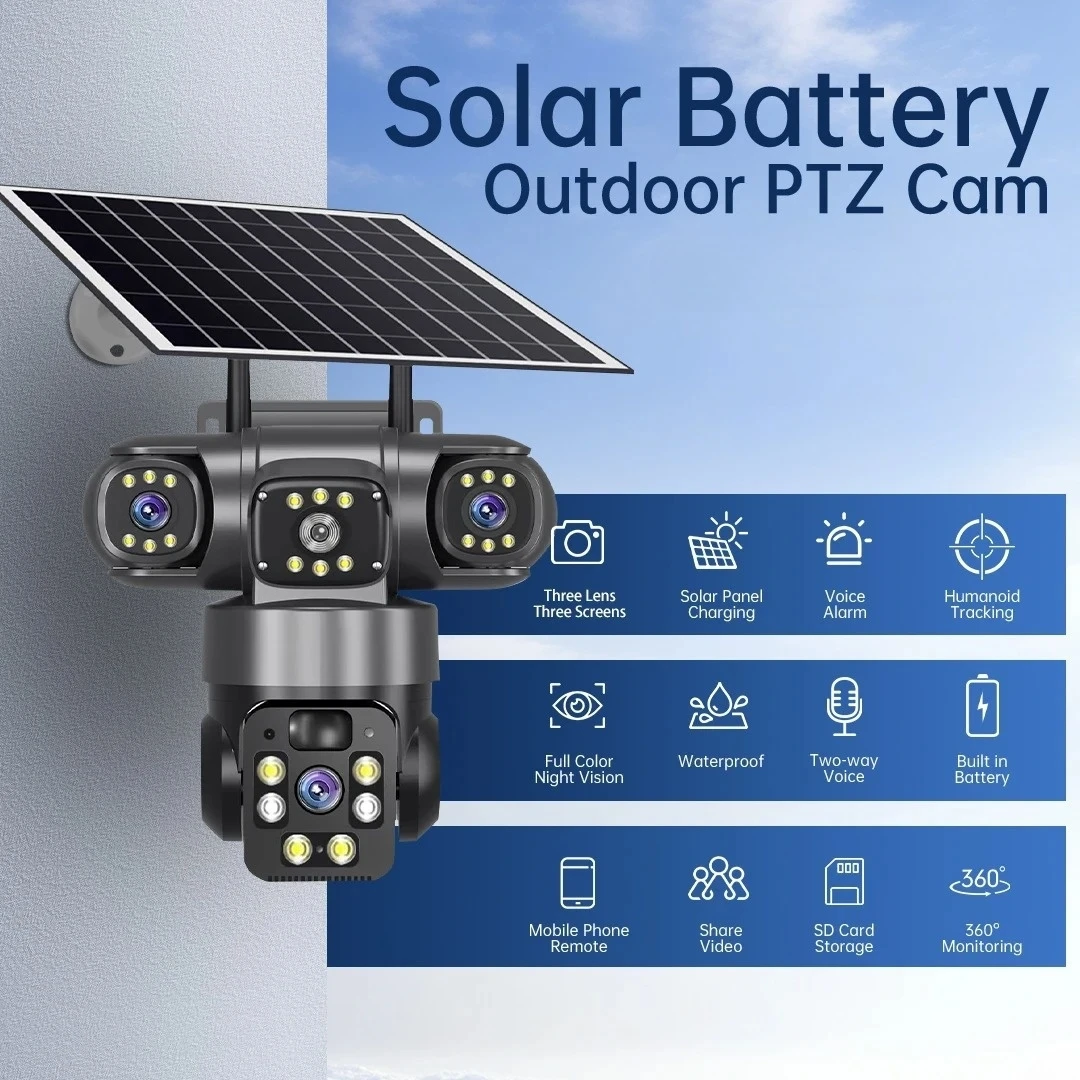 WiFi Solar Camera Three Lenses Outdoor 15MP 8K HD Low Power Battery IP Camera PIR Night Vision V380 Pro CCTV Security Protection