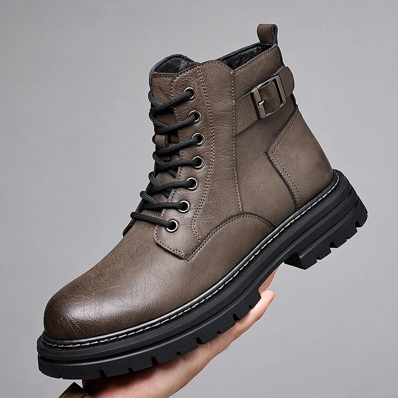 

Autumn and winter European and American fashion men's leather casual leather boots large toe cargo boots warm cotton boots