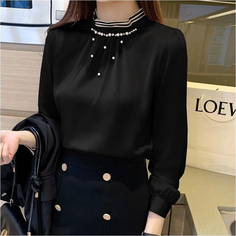 Elegant Solid Color Spliced Folds Beading Blouse Women\'s Clothing 2023 Spring New Casual Pullovers All-match Office Lady Shirt