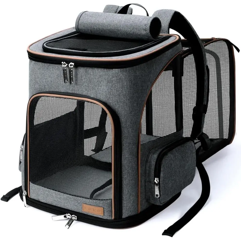 

Expandable Backpack for Small Cats and Dogs, Airline-Approved with Inner Safety Leash, Grey