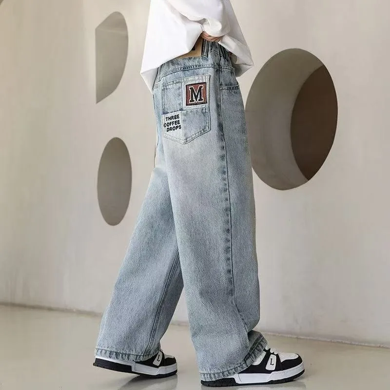 UNITIM 2026 Autumn Junior Boys Jeans 4-14Yrs Children Boys Spliced Letter Pockets Denim Pants Loose Teens Boys Straight Pants