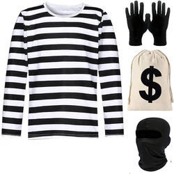 Black/White Prisoner Costume Set Striped T-Shirt Thief Accessories Prison Costume Perfect Outfit for Men