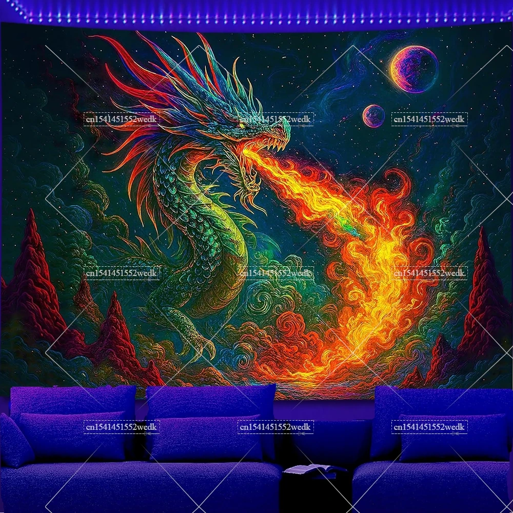 Blacklight Tapestry Dragon Glow In The Dark UV Reactive Zen Meditation Neon Tapestrys Aesthetic Fire Fluorescent Tapestries