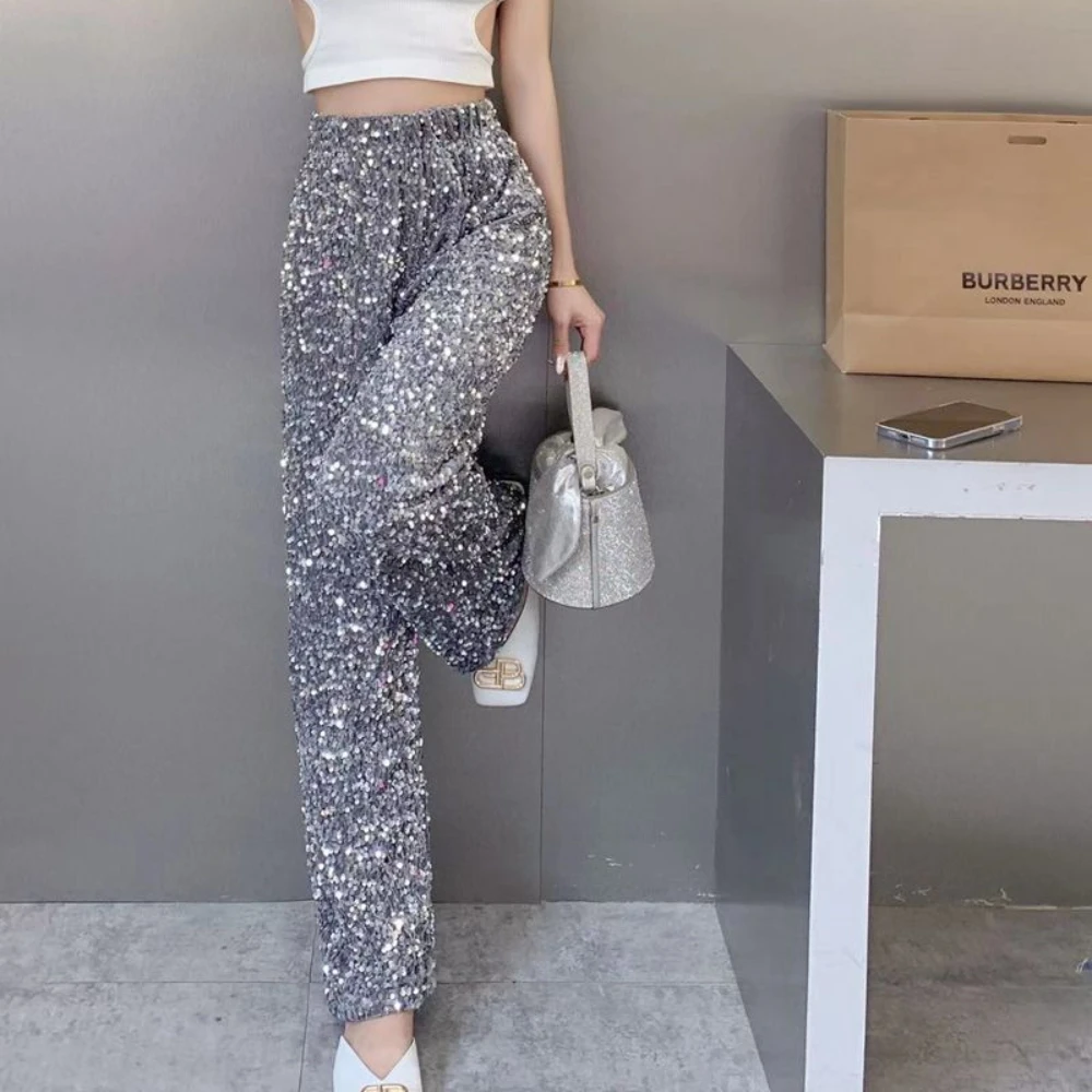 กางเกงขาบานเอวสูงเข้ารูปของผู้หญิงกางเกงปักเลื่อมสไตล์เกาหลีกางเกงยาวถึงพื้น