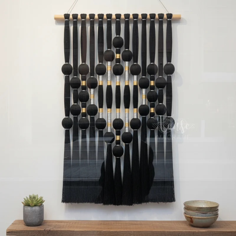 Geometric Fiber Wall Art Handmade Macrame Tapestry with Balls Decorative Hanging for Contemporary Space