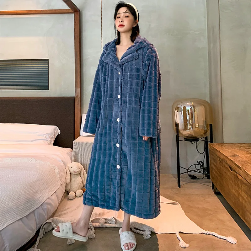 2022 Blue Flannel Winter Robes Double Layer Nightgown Women Warm Plaid Sleepdress Kimono Bath Gown Coral Fleece Thick Bathrobe