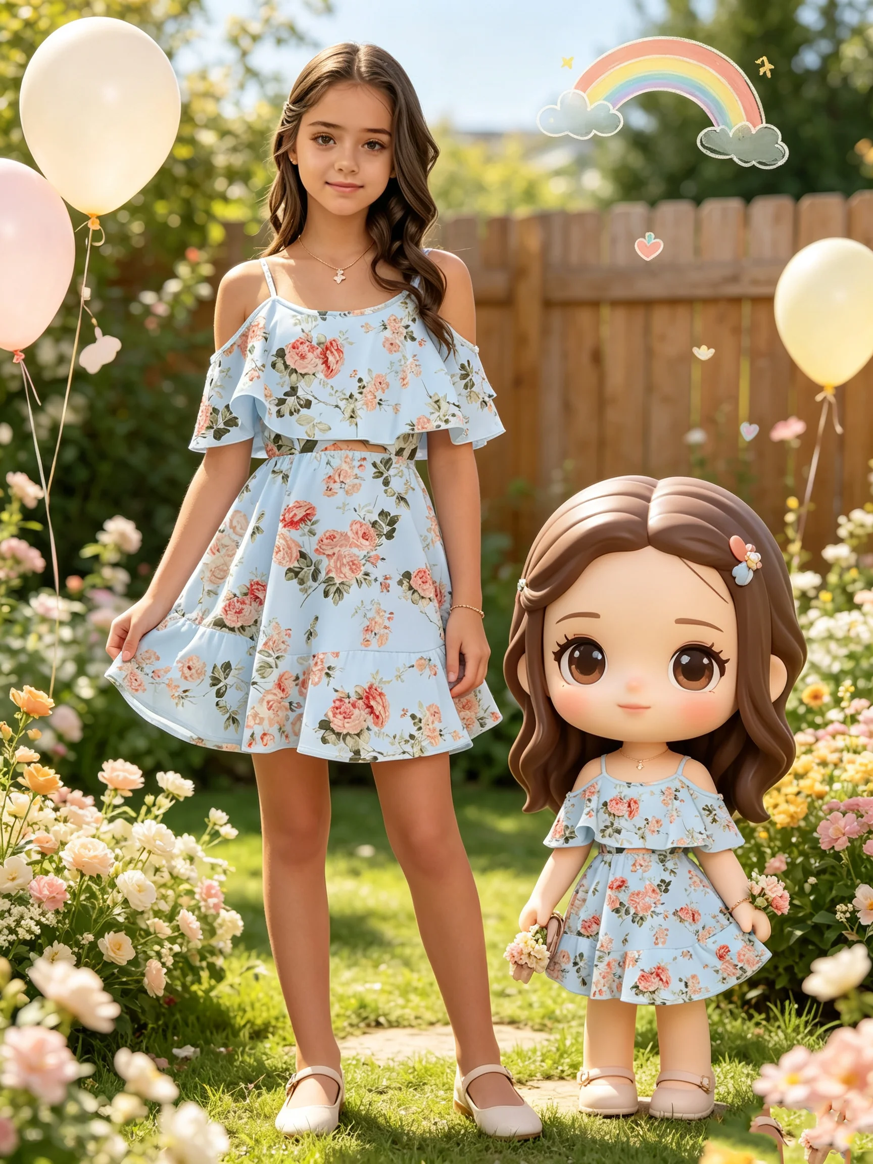 2026 Girls' Casual Elegant New Boho Flower Printed Strap One Collar Ruffle Edge Off Shoulder Dress Medium Long Dress