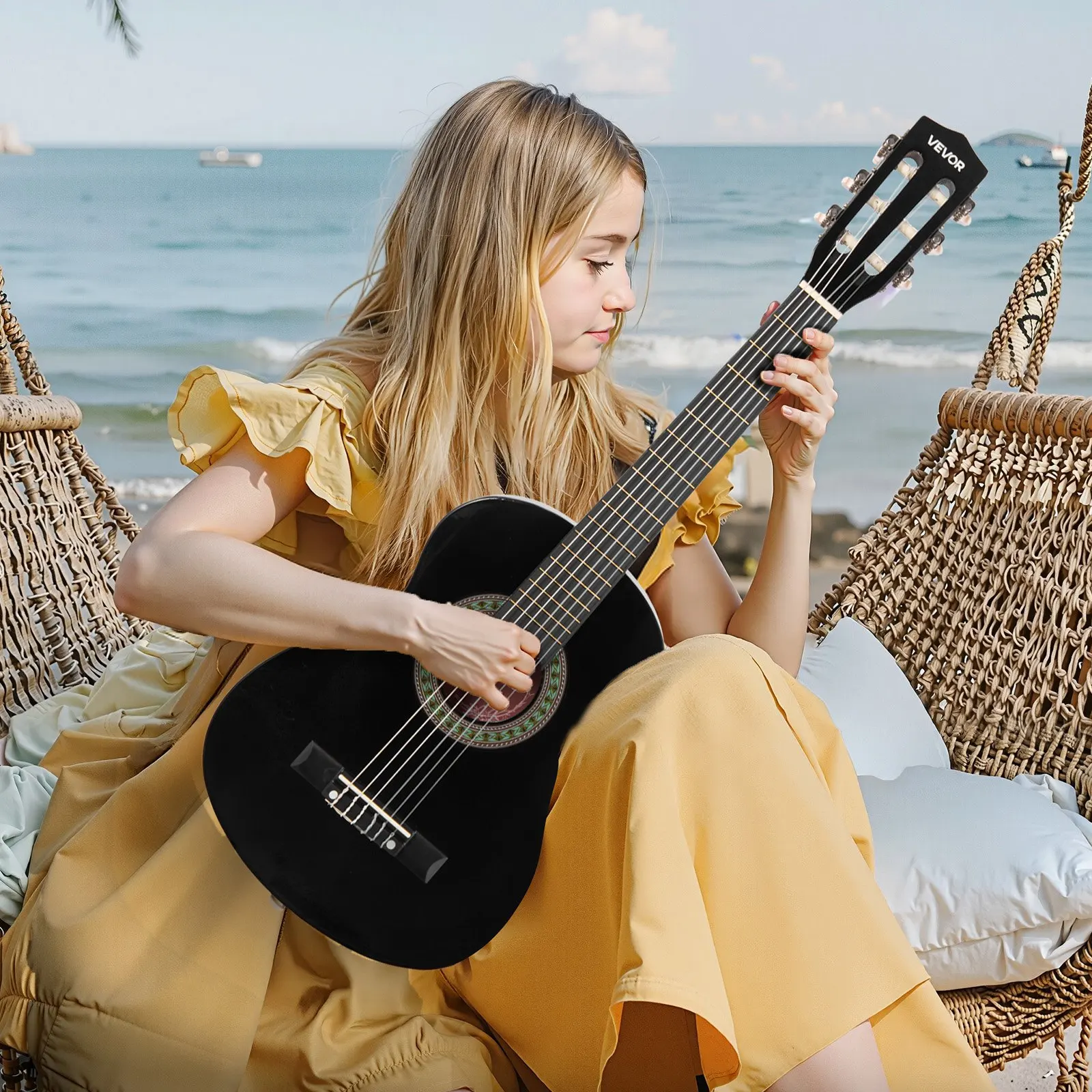 

30-дюймовая черная классическая гитара, деревянный стартовый набор для начинающих, в комплекте с нейлоновыми струнами, чехлом, ремнем, тюнером, для начинающих.