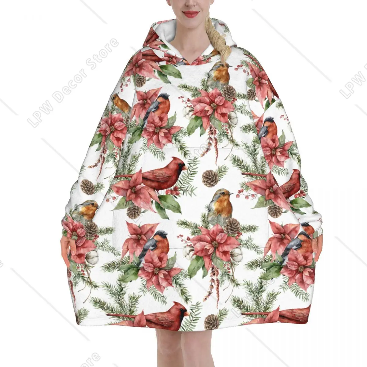 Red Northern Cardinal Bird Blanket Hoodie Wearable Christmas Birds Art Blanket Oversize Warm Sleeping Bag Soft Cozy Onesie