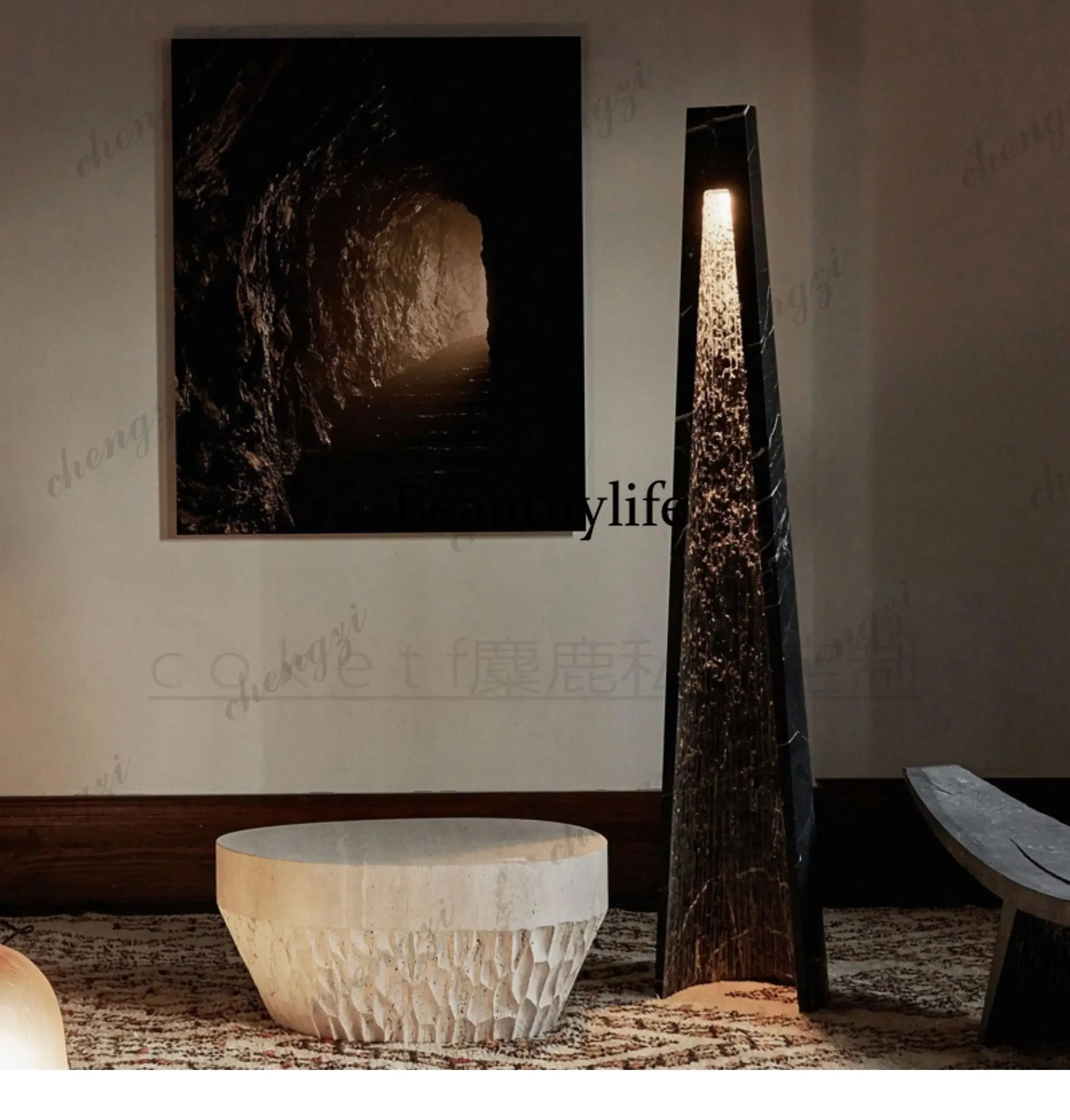 D136 Natural marble carving, living room floor lamp, next to the sofa, high-end designer vertical atmosphere