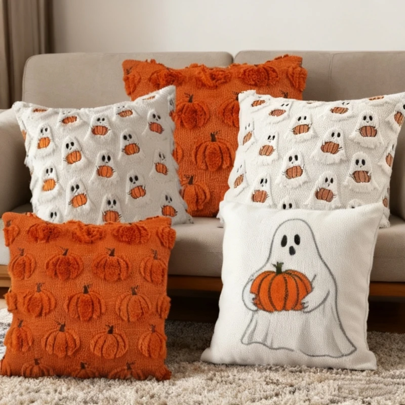 

Halloween Decoration Throw Pillow Cover Pumpkin Ghost Quilting Plush Autumn Plush Accent Pillow Cases For Home Sofa Gifts 