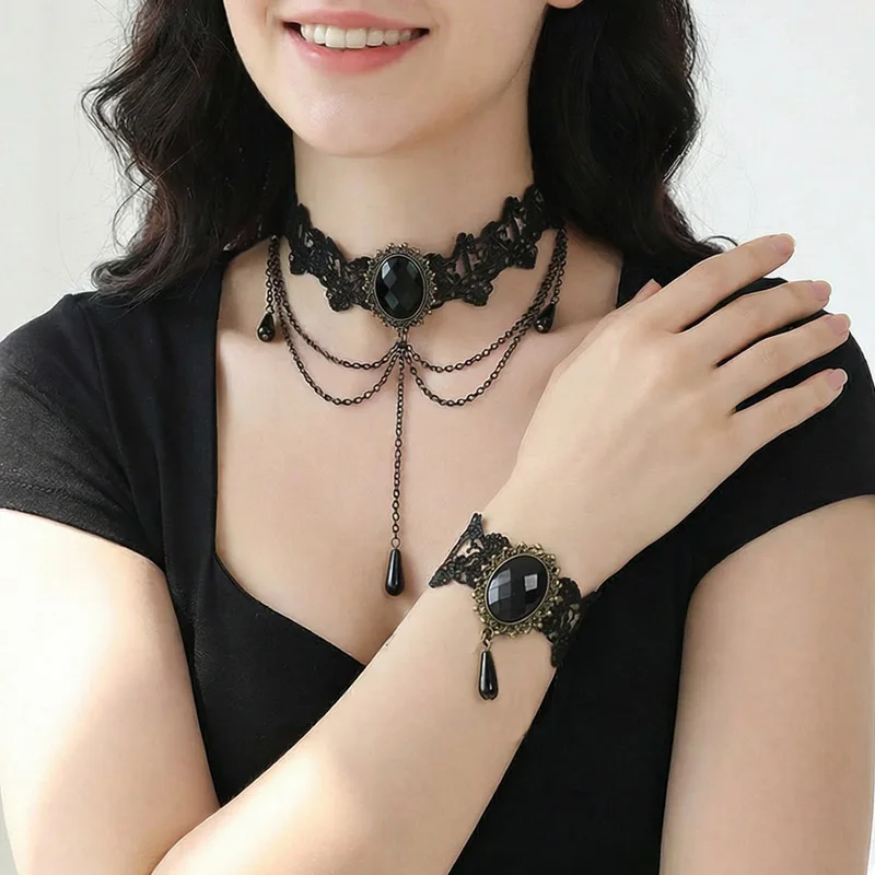 Vintage Sexy Fashion Beads Flower Tassel Chains Necklace Lady Neck Jewelry Accessories Girl Lace Gothic Choker for Women