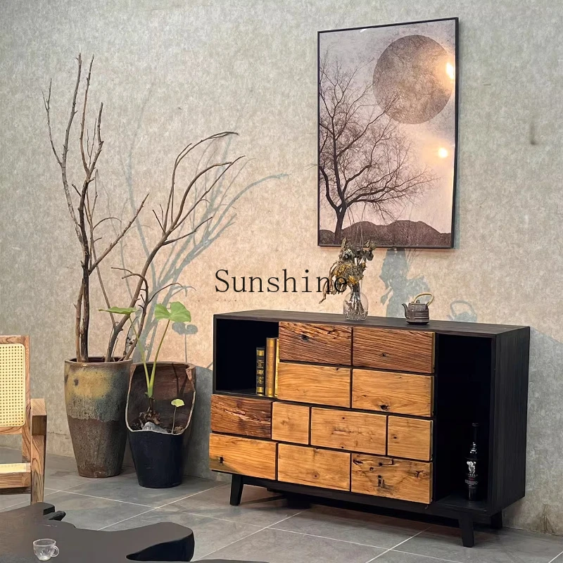 

Wabi Sandy Wind Solid Wood Dining Side Contrast Color Bucket Cabinet Storage Medieval Entrance Homestay Living Room