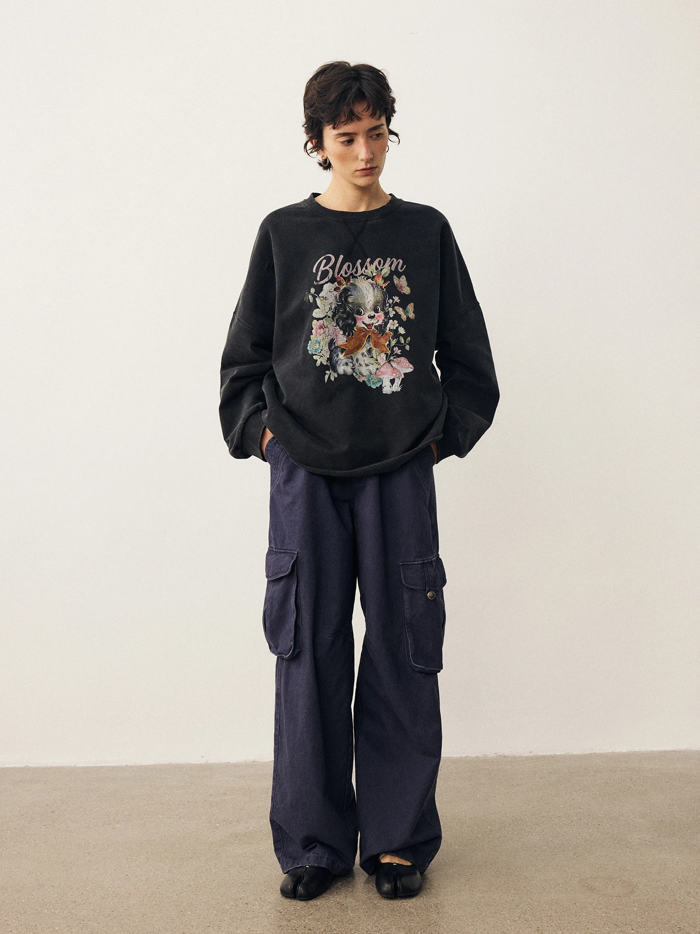 Washed Vintage Dog Print round Neck Oversized Sweatshirt Women's Style Diddimoda New 2026 Loose Fit Classic Crew Neck Pullover