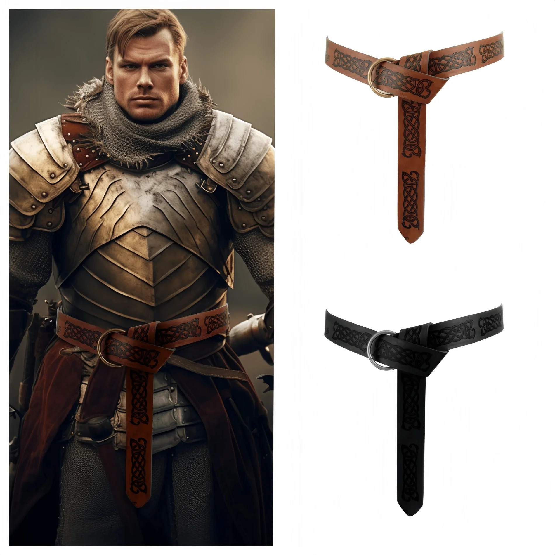1/2pcs Medieval Embossed PU Leather O-Ring Belt, Retro Renaissance Knight Belt Harness