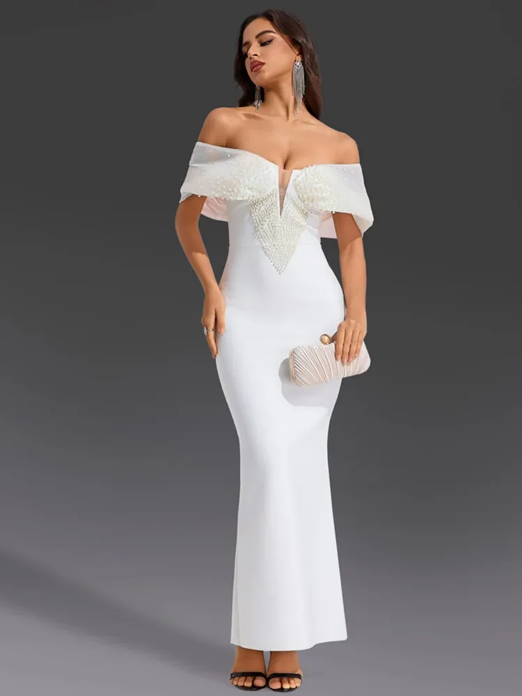 

2025 Ladies Women Celebrity Sexy Off Shoulder Pearl White Bodycon Maxi Long Bandage Dress Elegant Evening Club Party Outfit