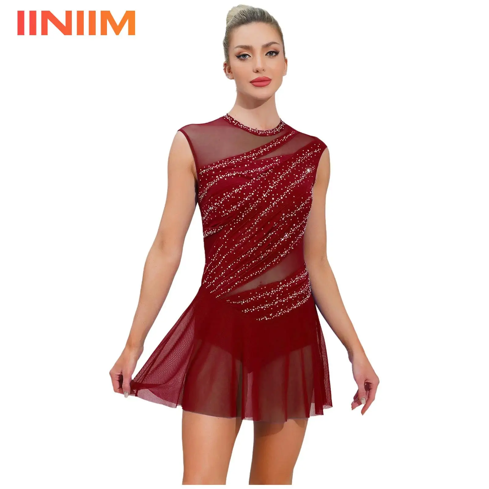 Damen-Kleid mit glänzenden Strasssteinen, für Gymnastik, Eiskunstlauf, Balletttrikot, lyrisches Tanzkostüm, gerüschtes Tanzkleid
