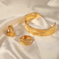 Dubai Gold Color Cuff Bracelets Rings For Women Stainless Steel Feather Shape Charm Wristband Gold Color Women Jewelry Sets