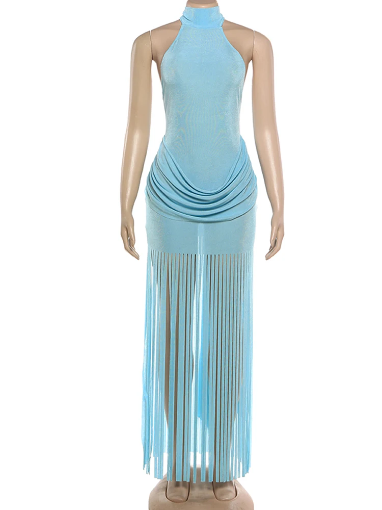 فستان نسائي بياقة مدورة من Sisterlinda مع رسن مخملي مكشكش وحاشية شرابة أنيقة ومثيرة بدون ظهر لحفلات عيد الحب