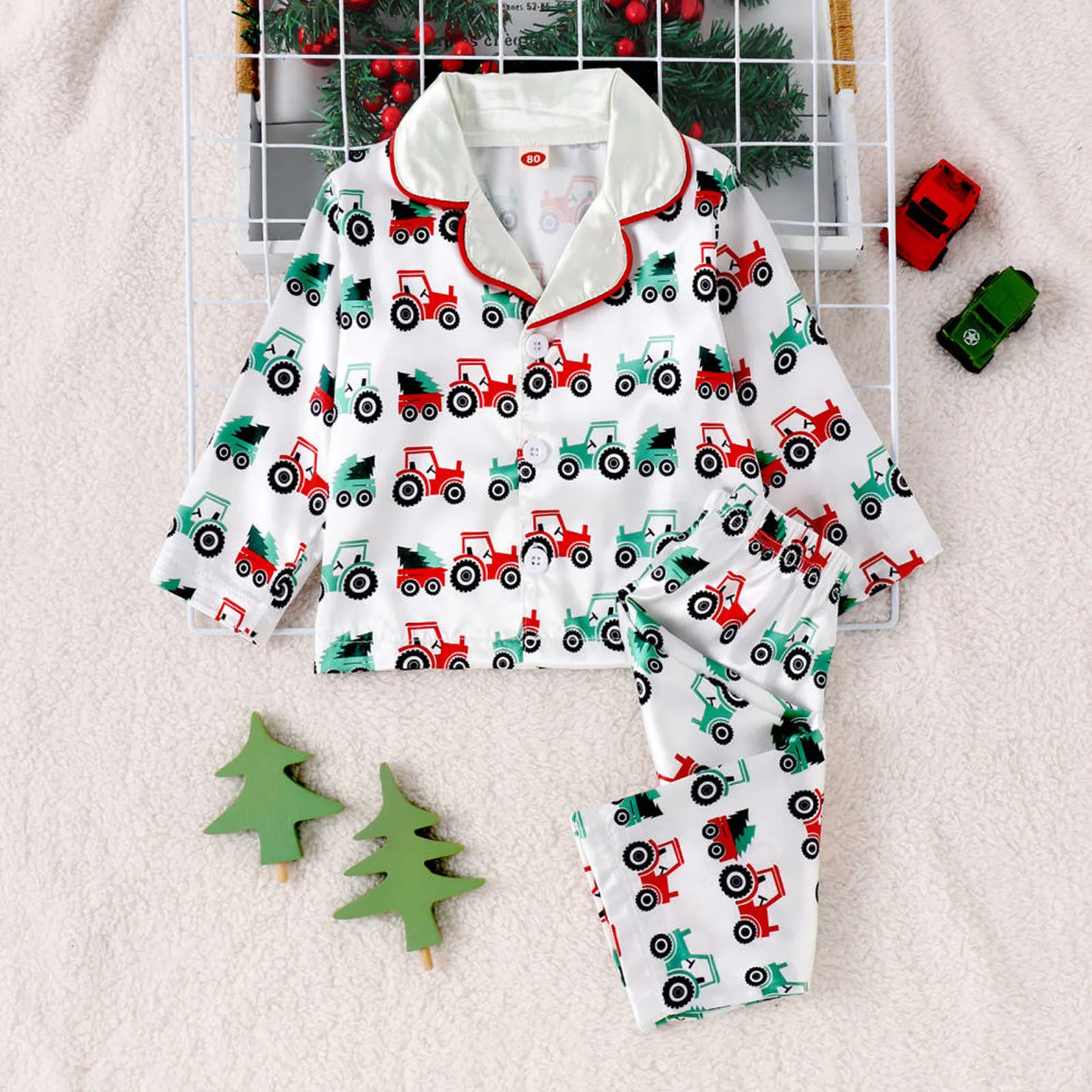 Christmas Satin Pajama 2 Pieces Set Baby Girls Christmas Cartoon Print Long Sleeves Button Closure Top With Long Pants Outfits