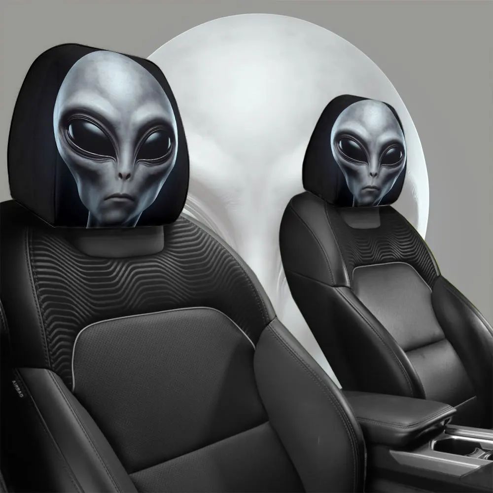 2pcs Mysterious Gray-Skinned Alien Pattern  Headrest Covers All-Weather Use  Printed  Seat Accessories Unfilled,Easy to Install