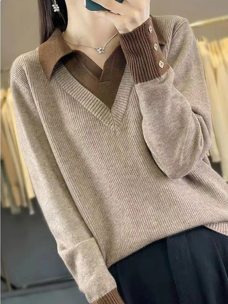 

plus Size Women's Long Sve Knitted Base Layer Ne Faionable Sweater Fake Two-Piece Top Casual Comfortable Knitwear