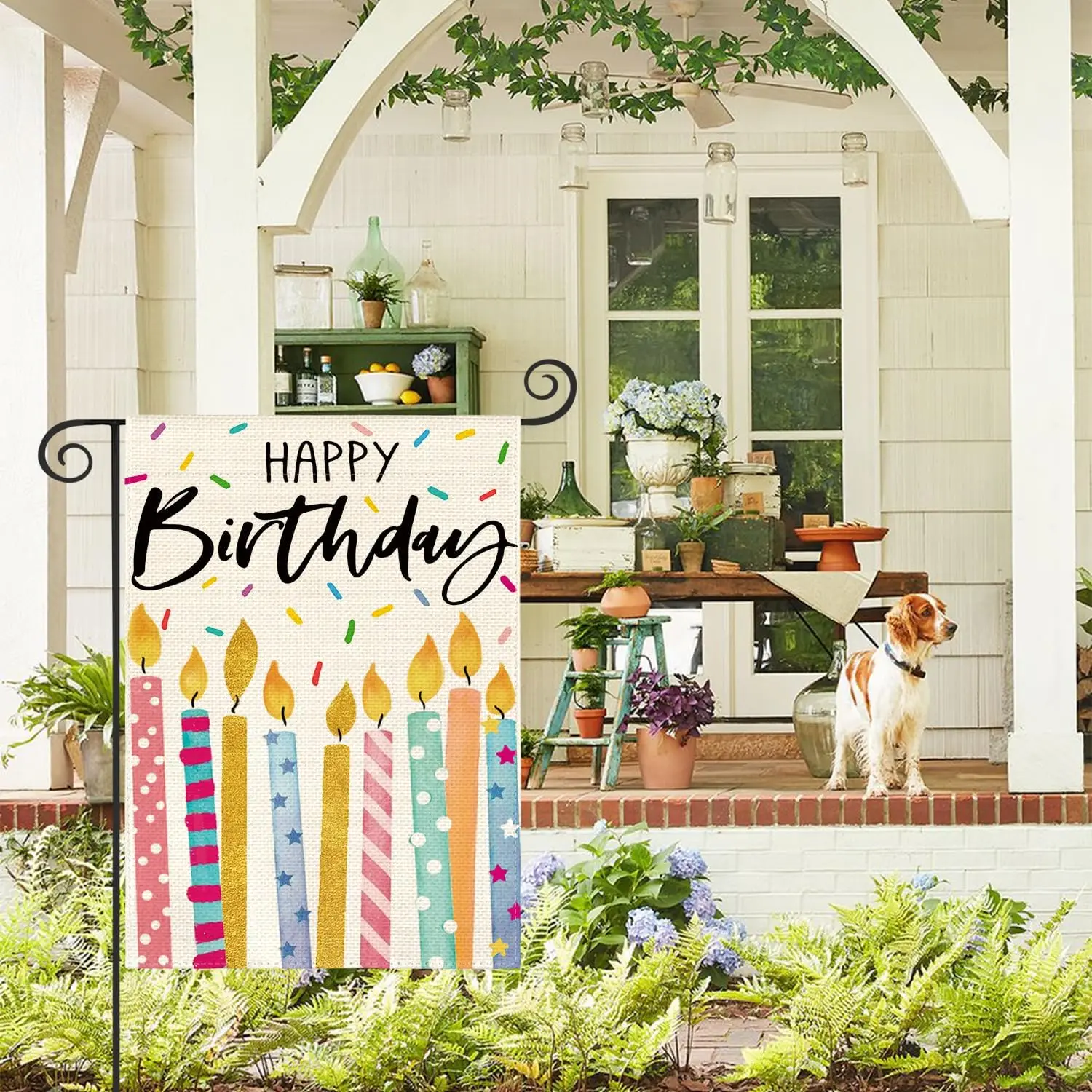 AVOIN colorlife Happy Birthday Garden Flag 12x18 Inch Double Sided Outside, Candles Party Gift Burlap Yard Outdoor Decoration