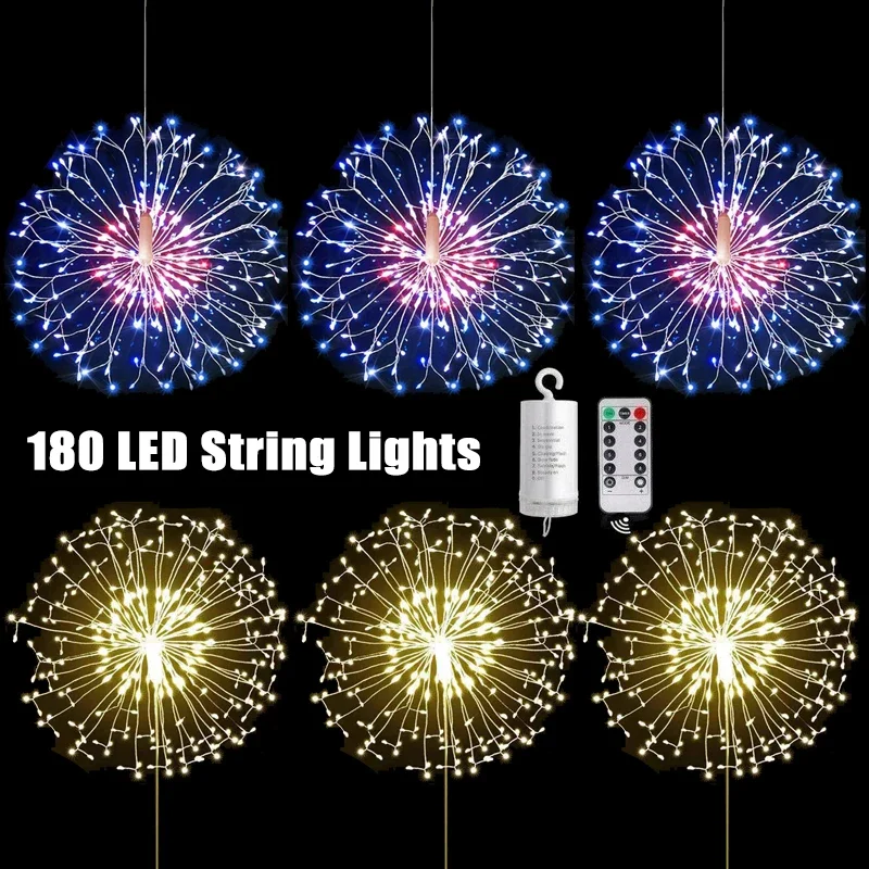 180 led luzes da corda de fogos de artifício 8 modos de controle remoto bateria luzes de fadas corda casamento festa natal festival decoração lâmpada