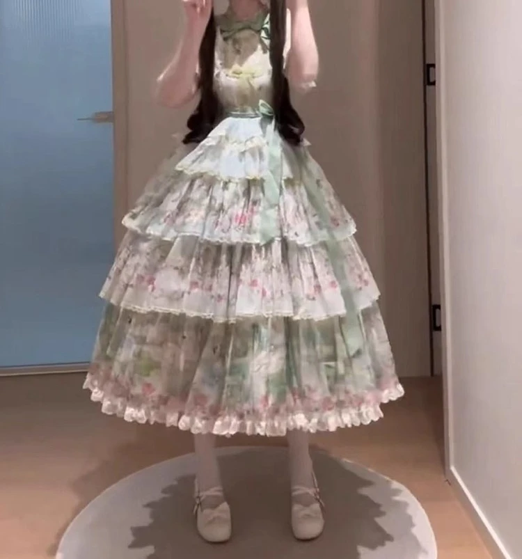 그린 파스토럴 스타일 JSK 숄 우아한 로리타 데일리 LO 드레스 데일리 드레스 JSK 스트랩 드레스 + 숄 + 헤드스카프 풀세트