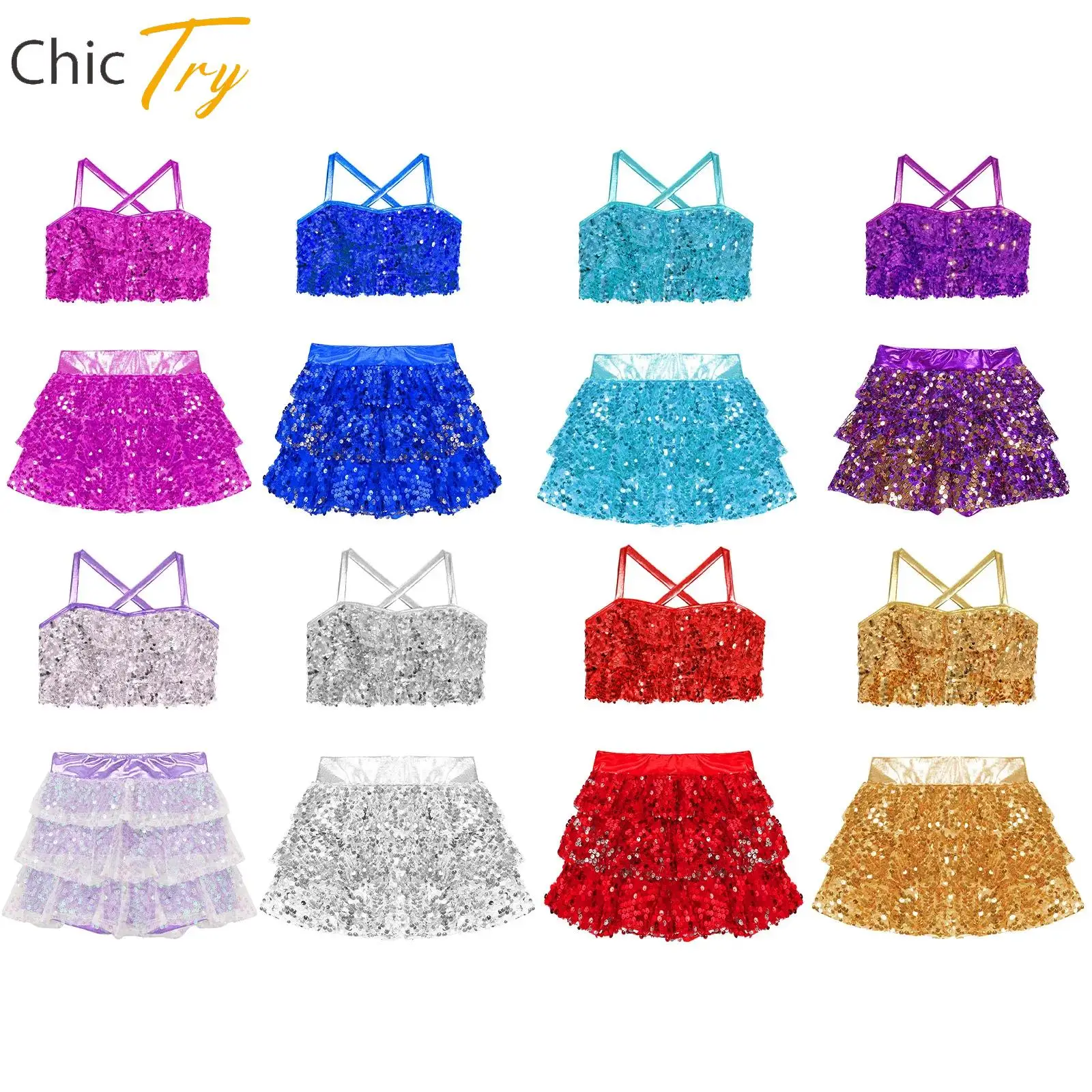 

Teen Sequins Jazz Latin Ballet Dance Costumes Girls Metallic Crop Top with Skirted Shorts for Birthday Party Performance Outfits