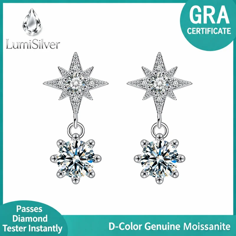 S925 Sterling Silver Six-Pointed Star Moissanite Earrings Women's Simple Dangle Earring High-End Sensation Tassel Silver Jewelry