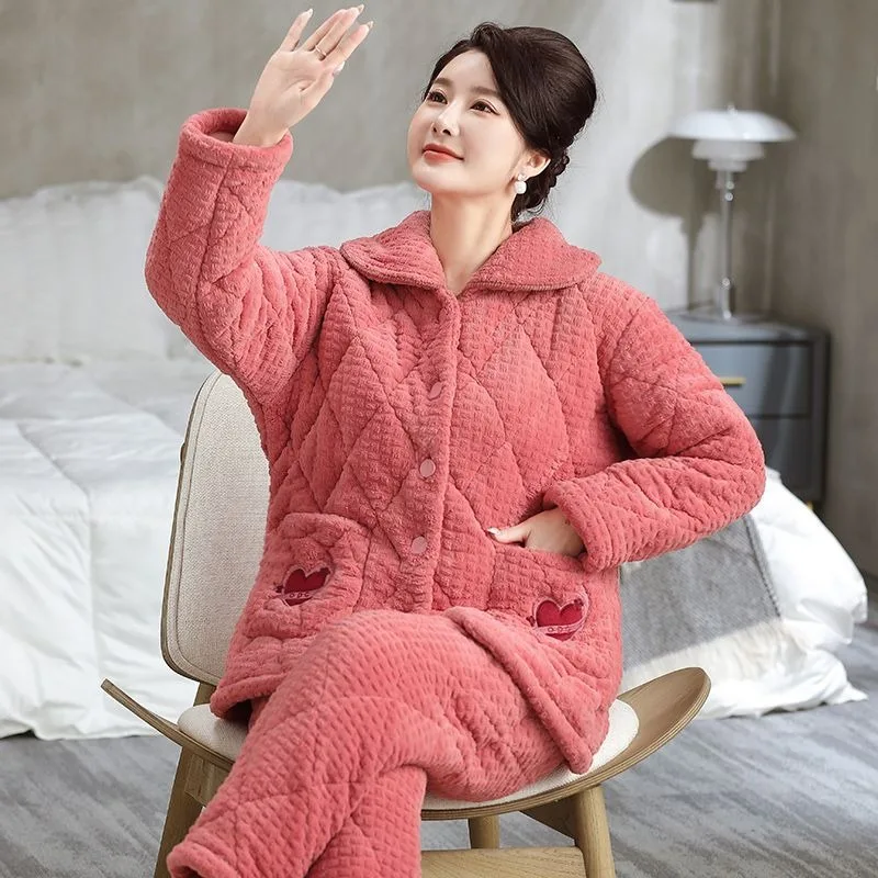 2024 New Winter Pajamas Women\'s Thickened Warm Sleepwear Coral Velvet Three-layer Cotton Sandwich Loungewear Flannel Homewear