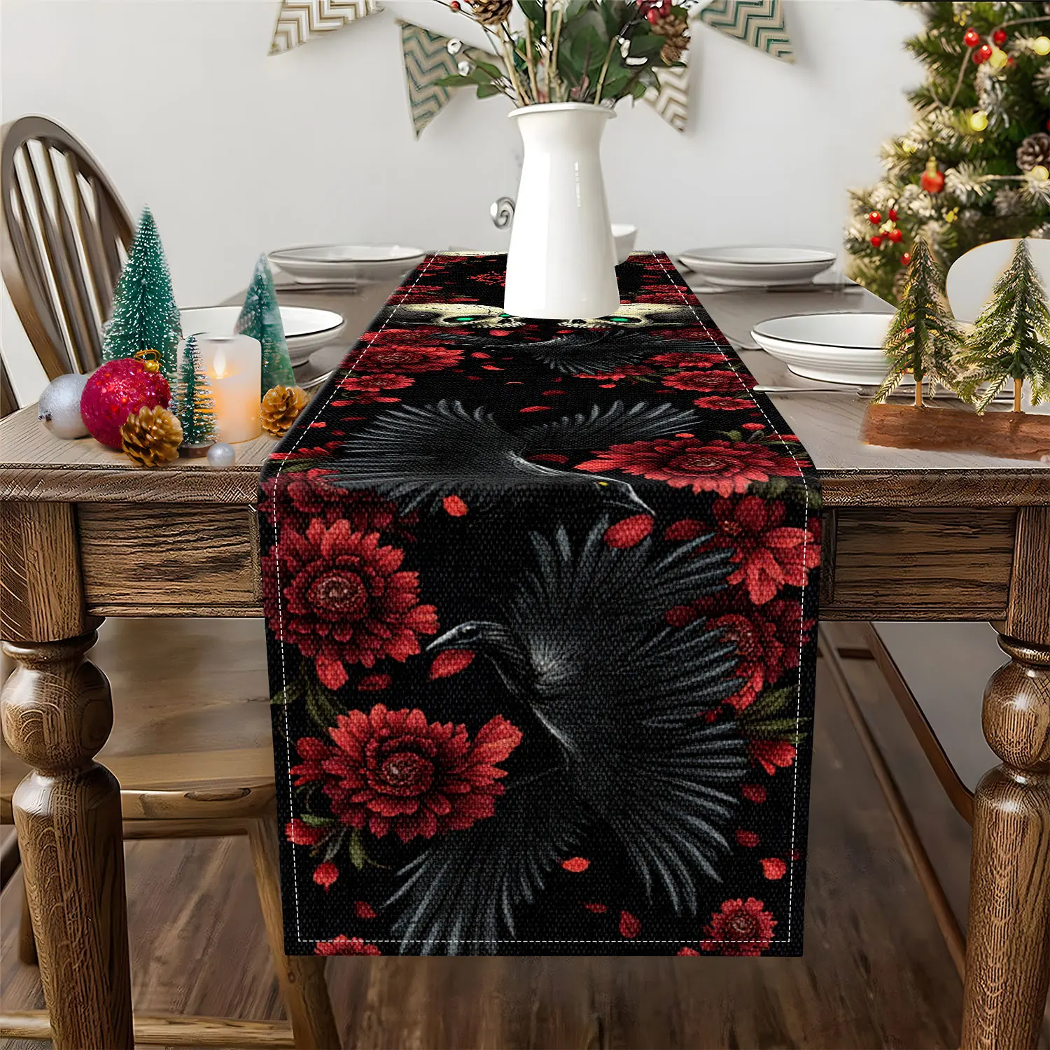 1 Piece of Dark Skull and Crow Themed Table Runner with Skull Crow and Red Flower Patterns, Suitable for Gothic Spaces and Dark Parties