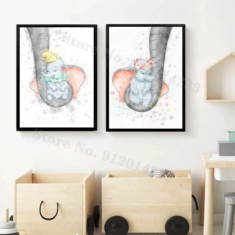 Baby Elephant with Mum's Trunk Pastel Poster Disney Dumbo Cartoon Watercolor Art Prints Canvas Painting Nursery Kids Room Decor