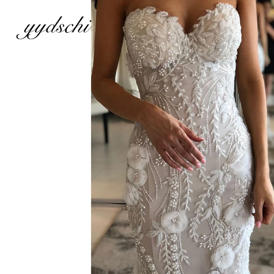 

Luxury Wedding Dress V-Neck Strapless Lace Floor Length Applique Beading Sweep/ Brush Train Sexy Sheath Bridal Beach Dresses