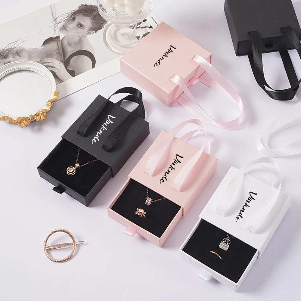 

50pcs Custom Logo Paper Jewelry Bracelet Necklace Packaging Boxes Wedding Rings Earrings Portable Drawer Box with Ribbon Handle