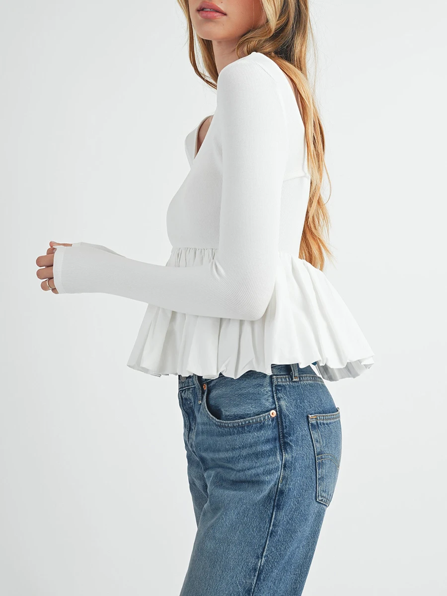 Женские топы с баской и длинными рукавами, повседневные однотонные базовые рубашки с рюшами по подолу, блузки для клуба, уличная одежда, эстетичная одежда