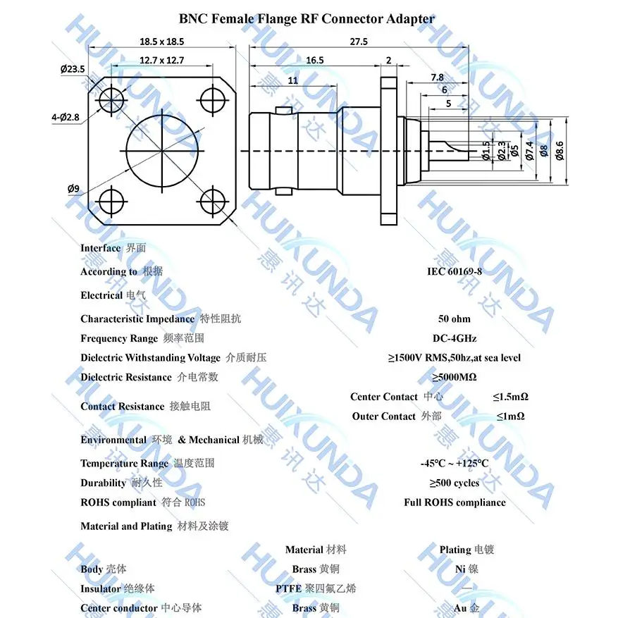 BNC-KF-2 لوحة مربعة متكاملة BNC رأس أنثى مع شفة أربعة فتحات مقعد أنثى BNC ثابت 18.5 موصل مربع Q9 #4