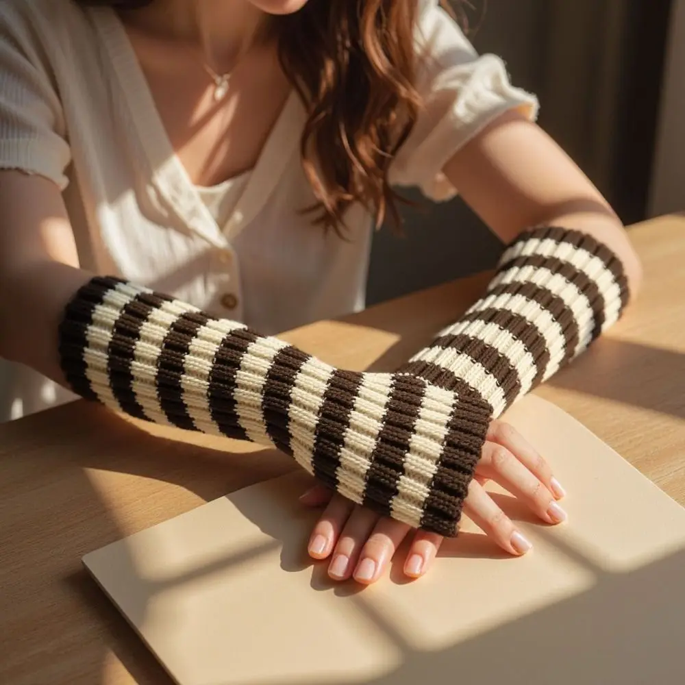 Punk Knitted Long Fingerless Gloves Striped Goth Style Arm Warmers Elbow Length False Sleeves Knitted Gloves Cosplay Use