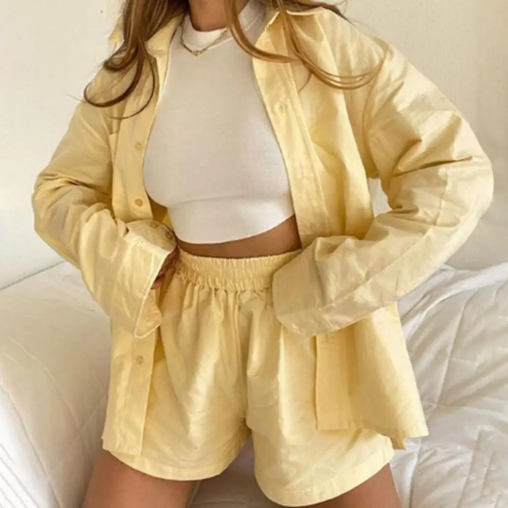 Women Tracksuit Stripe Long Sleeve Shirt Tops Loose High Waist Mini Shorts Set Casual Outfit Summer Two Piece Shirt Shorts Set