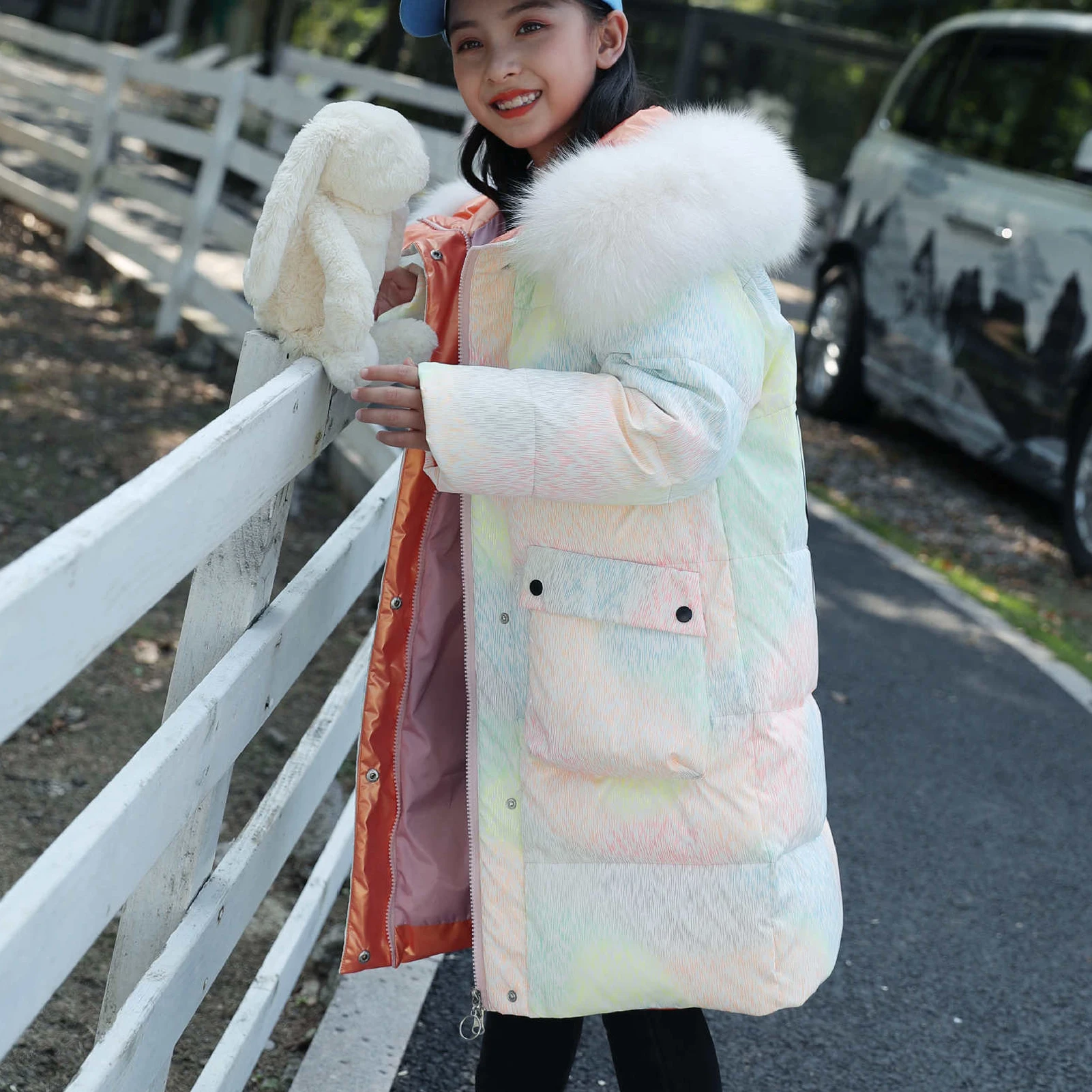 Girls' Down Parka Coat,White Duck Down Jacket for Kids,Windproof Warm Teens Outfits,Loose Pockets Children's Winter Puffer Coat